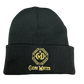Black beanie with yellow logo and text on a white background