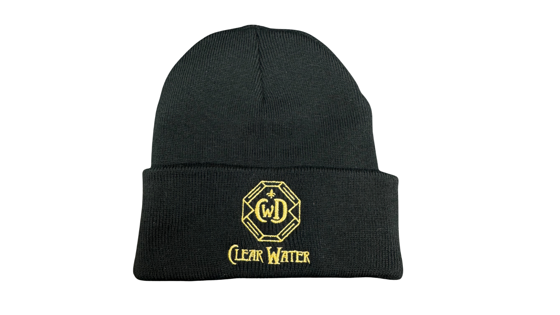 Black beanie with yellow logo and text on a white background