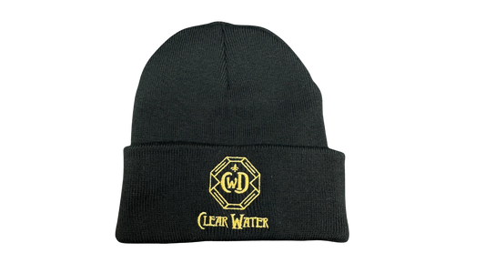 Black beanie with yellow logo and text on a white background