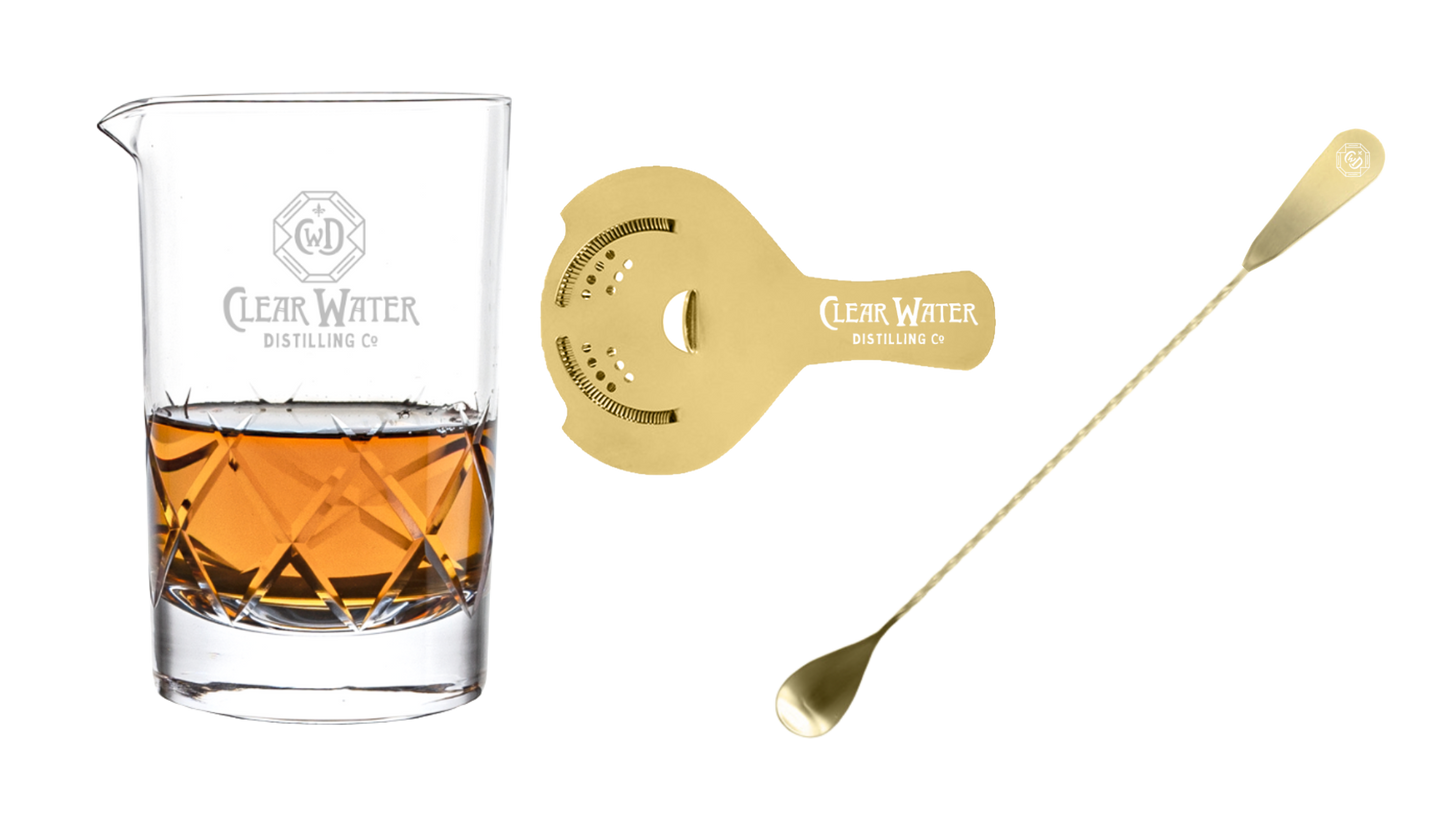 Clear Water Engraved Bar Set - Yarai Crystal Mixing Glass, Premium Gold Bar Spoon, and Gold Hawthorne Strainer Set
