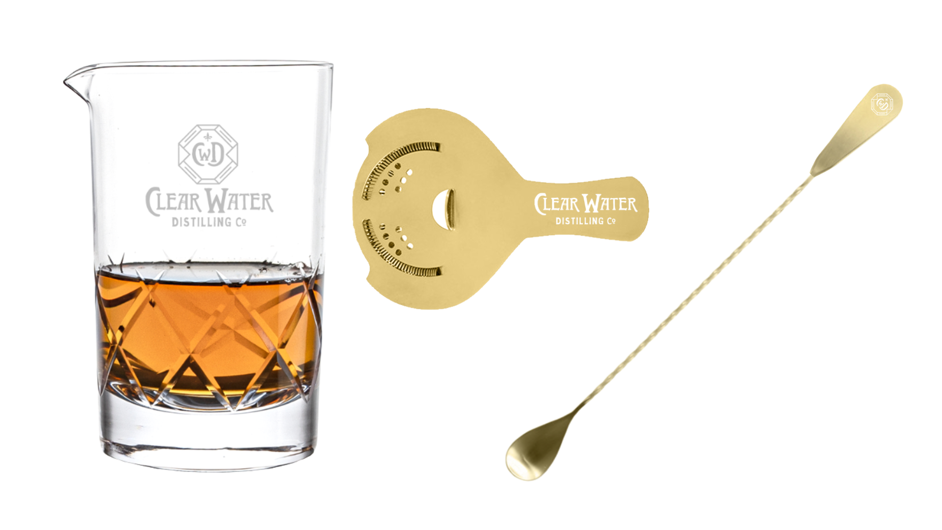 Clear Water Engraved Bar Set - Yarai Crystal Mixing Glass, Premium Gold Bar Spoon, and Gold Hawthorne Strainer Set