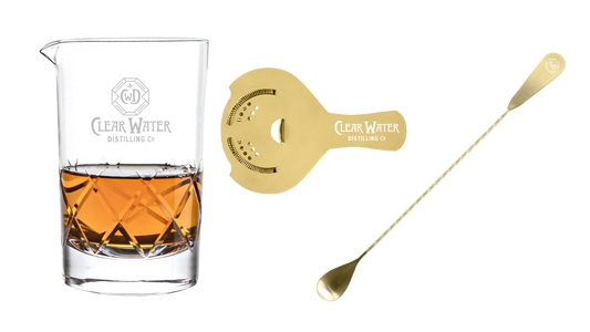 Clear Water Engraved Bar Set - Yarai Crystal Mixing Glass, Premium Gold Bar Spoon, and Gold Hawthorne Strainer Set