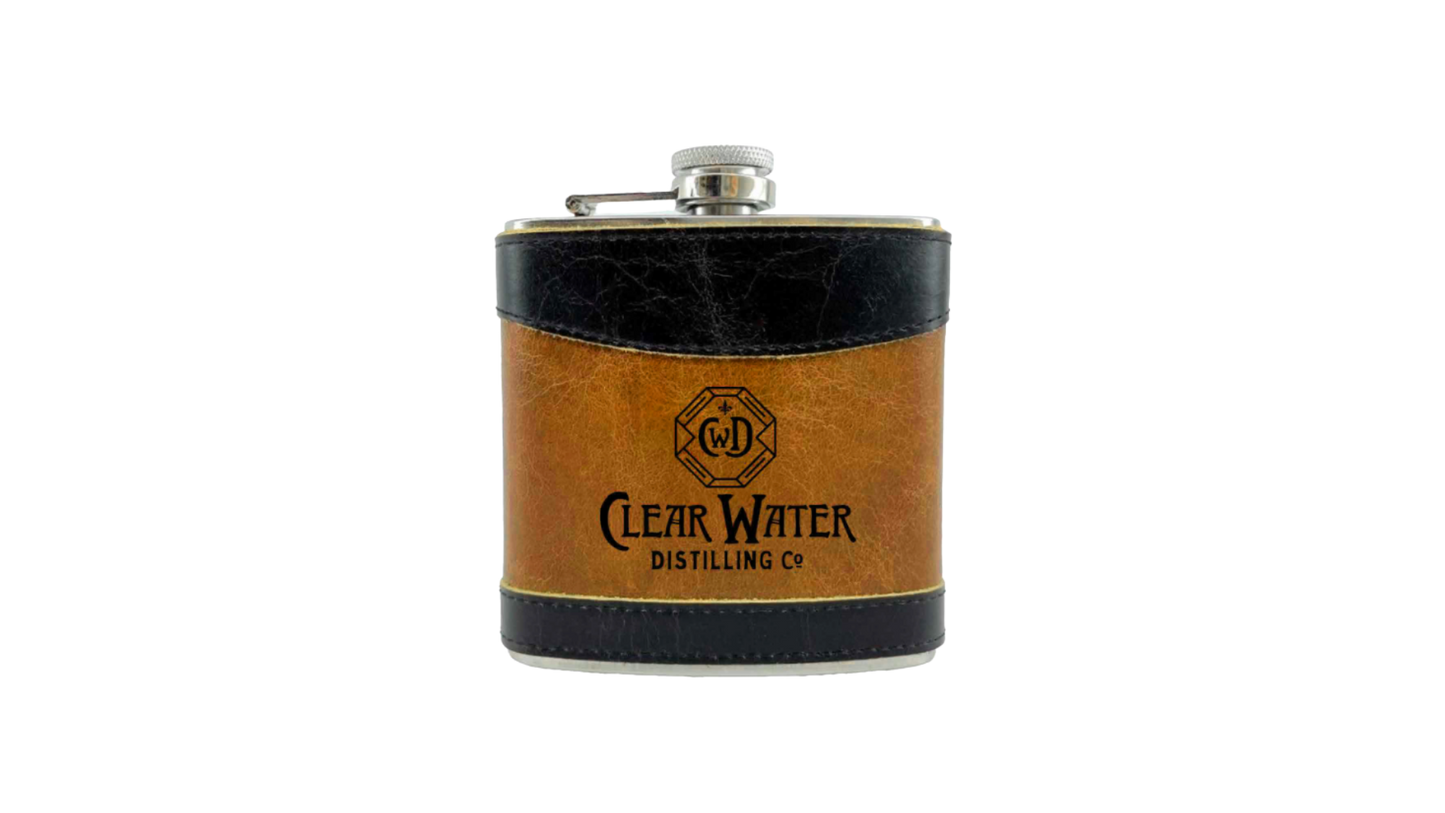 Clear Water Distilling Engraved Double Aged Leather Flask