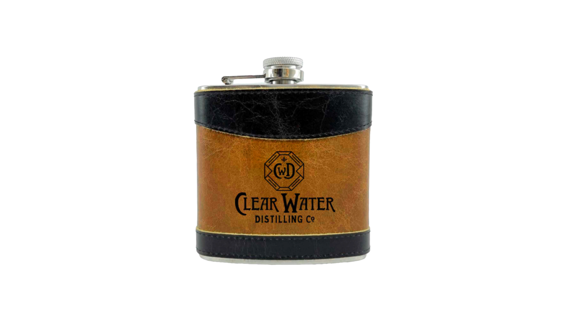 Clear Water Distilling Engraved Double Aged Leather Flask