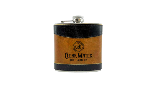 Clear Water Distilling Engraved Double Aged Leather Flask